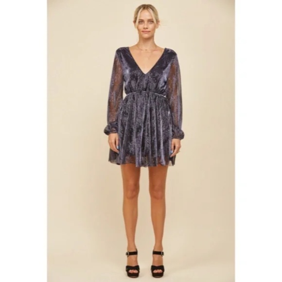 Indigo Metallic Sparkling Mesh Long Sleeve Cocktail Holiday Party Mini Dress - Picture 6 of 7